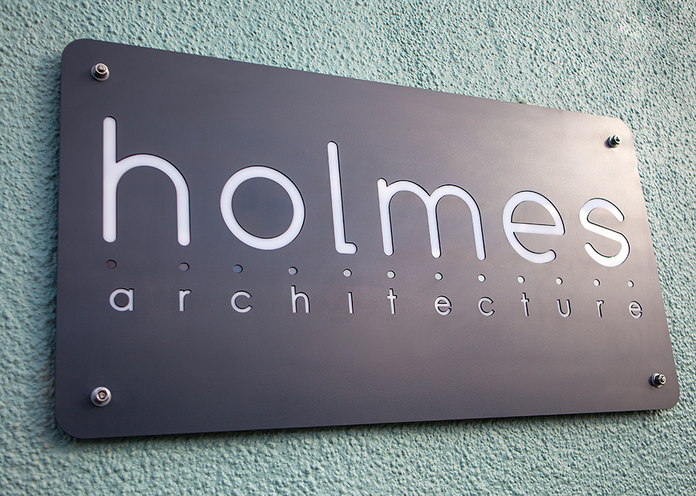 laser cut steel Holmes Architecture logo sign