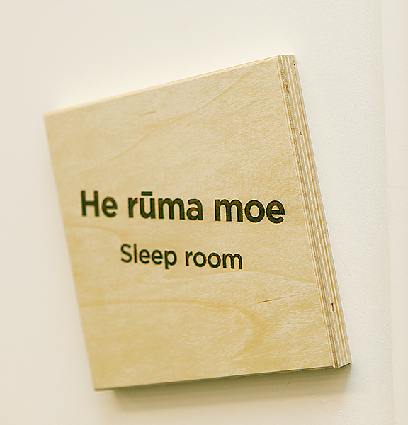 engraved wood wayfinding sign